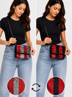 Zara Reversible Sequin Crossbody Bag Red Black Silver Chain Strap